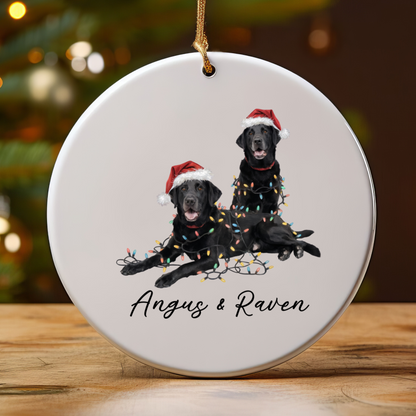 Personalized Black Lab Christmas Ornament: Festive Dog Duo with Lights, Ceramic Keepsake