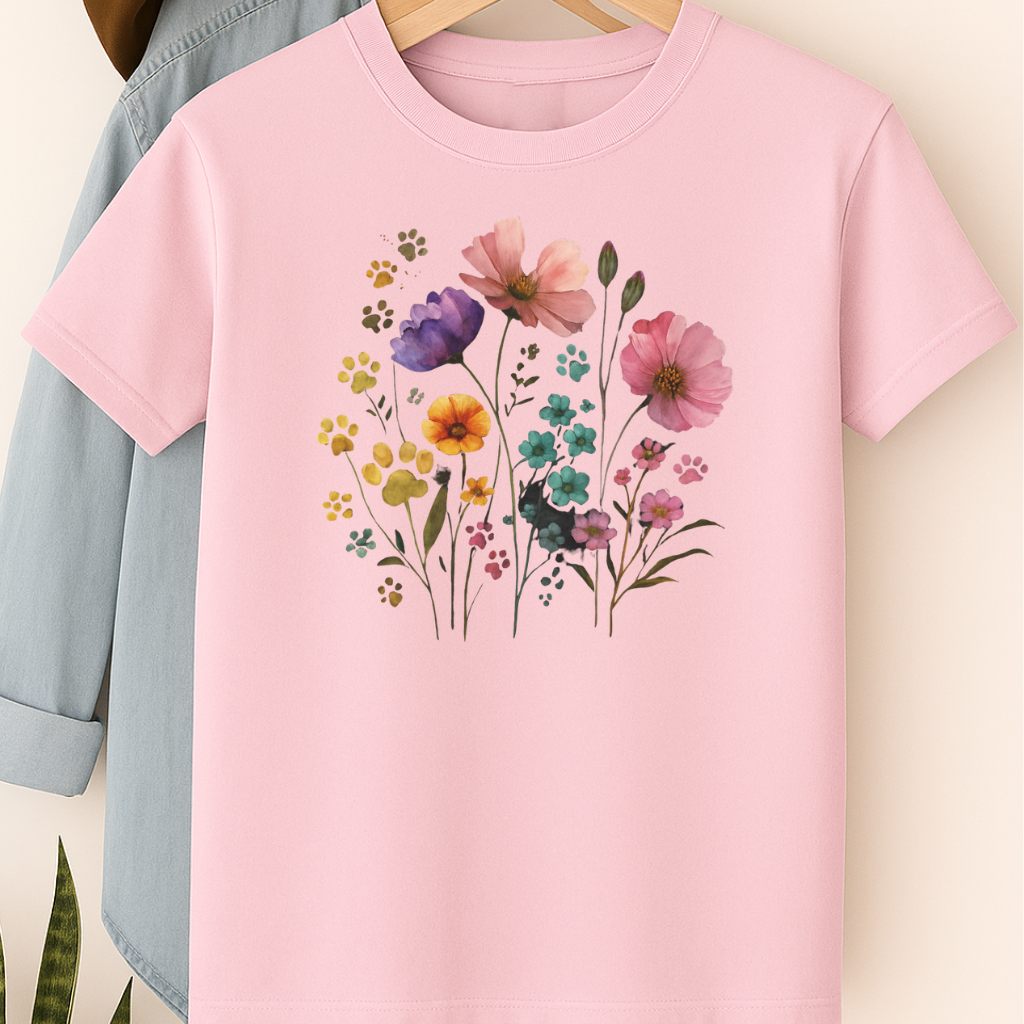 Watercolor Wildflower & Paw Print Shirt Floral Pet Lover Tee Nature Dog Mom Gift Botanical Animal Lover T-Shirt Mothers Day Gift