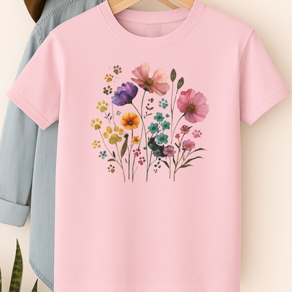 Watercolor Wildflower & Paw Print Shirt Floral Pet Lover Tee Nature Dog Mom Gift Botanical Animal Lover T-Shirt Mothers Day Gift