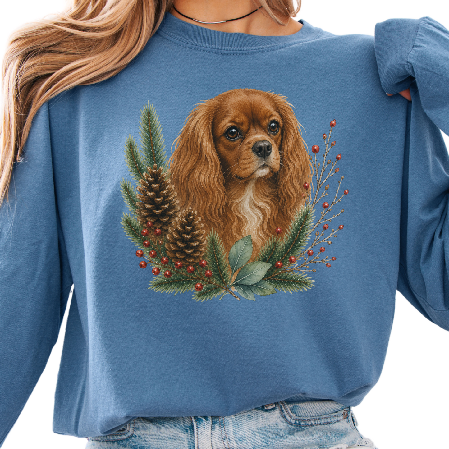 Ruby Cavalier Christmas Long Sleeve Shirt, Cavalier King Charles Spaniel Holiday Dog Mom Gift