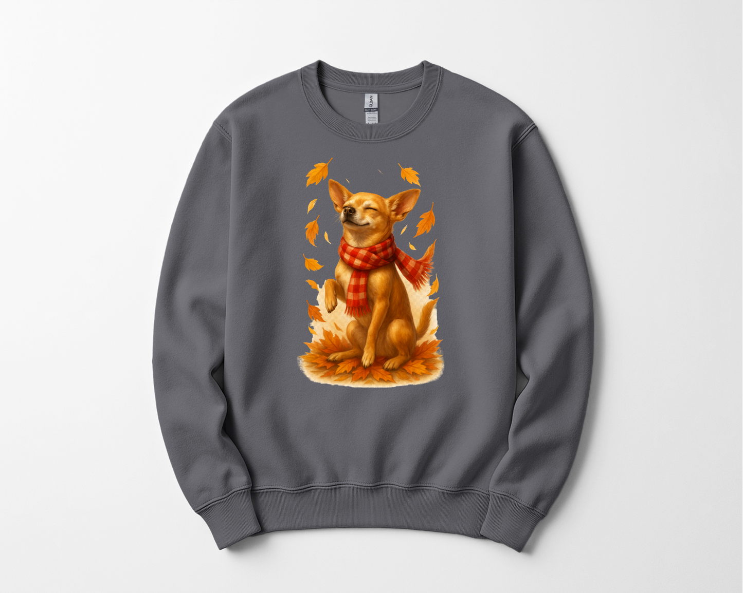 Chihuahua in Autumn Leaves T-shirt, Fall Dog Sweatshirt, Pet Lover Gift, Cozy Canine Apparel, Chihuahua in Scarf, Dog Mom Present