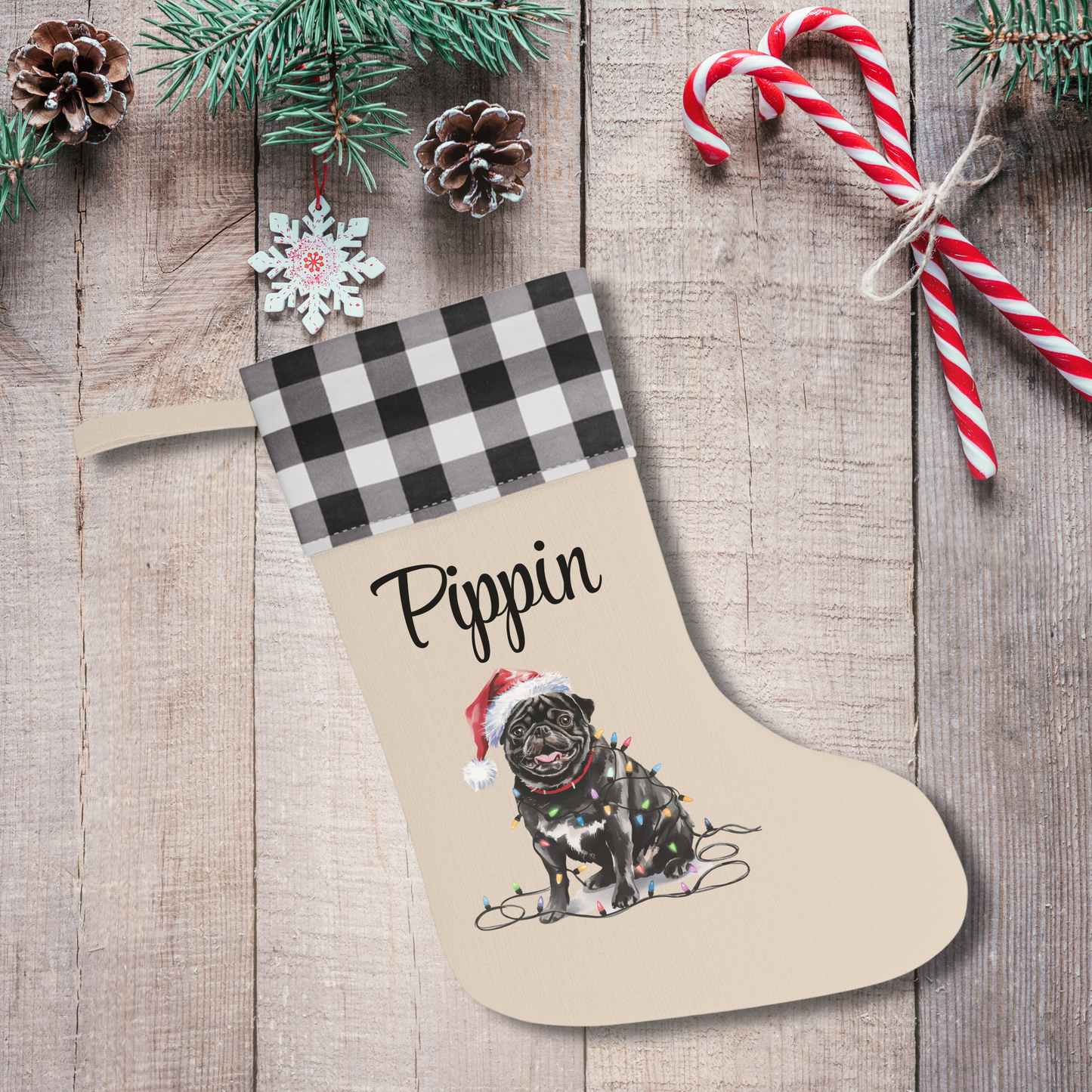 Personalized Black Pug Christmas Stocking, Holiday Decor Gift for Pet Lovers