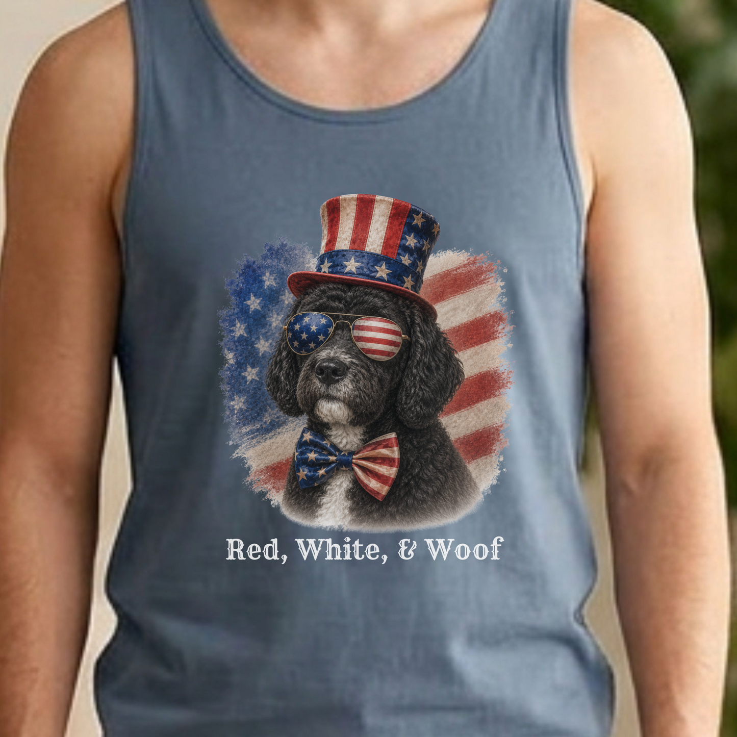 Patriotic Black Portuguese Water Dog Tank Top, Red White & Woof