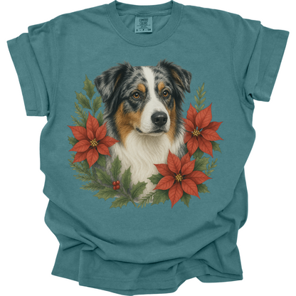 Australian Shepherd Christmas Shirt, Aussie Dog Poinsettia Tee, Holiday Gift for Dog Lover