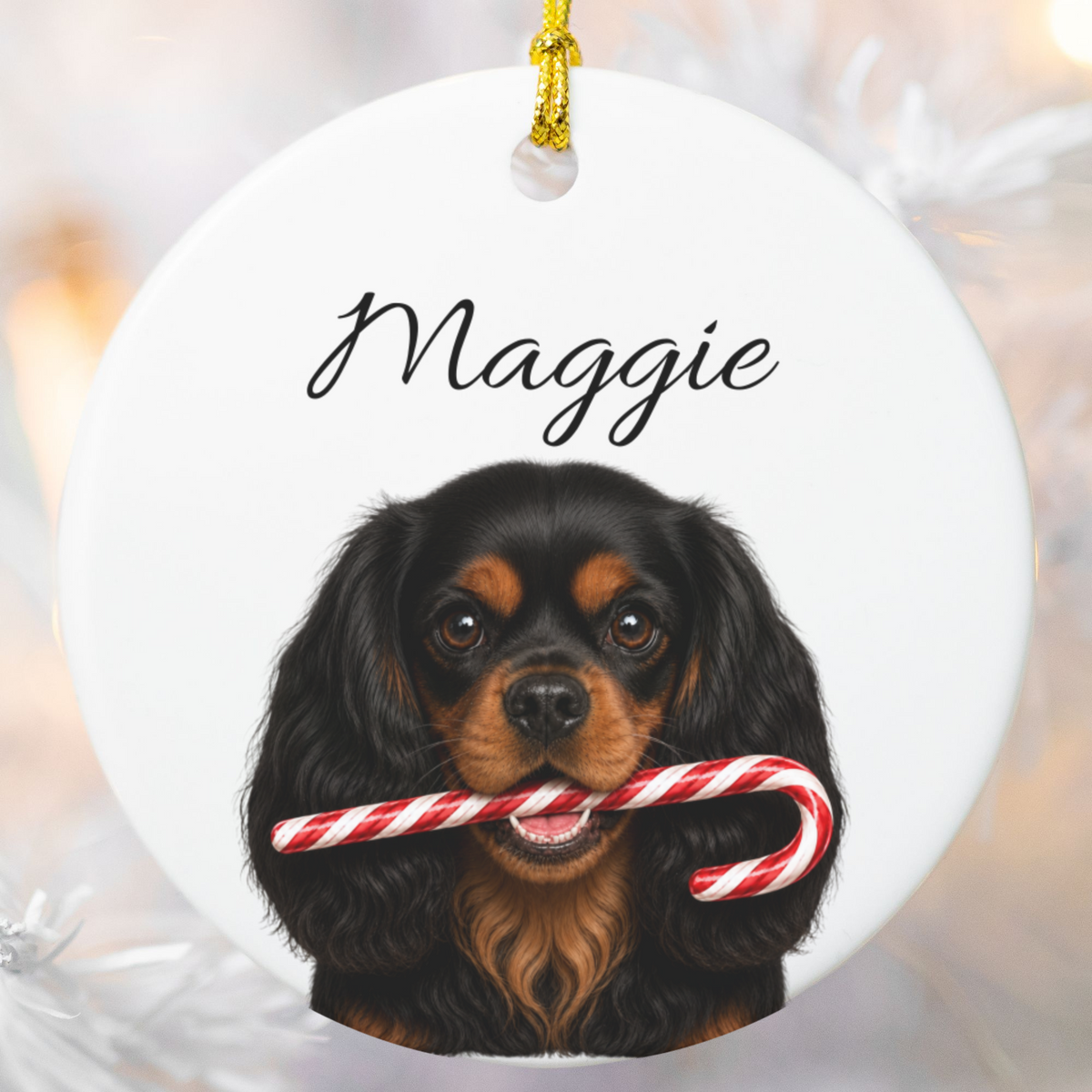 Personalized Black and Tan Cavalier Candy Cane Ornament
