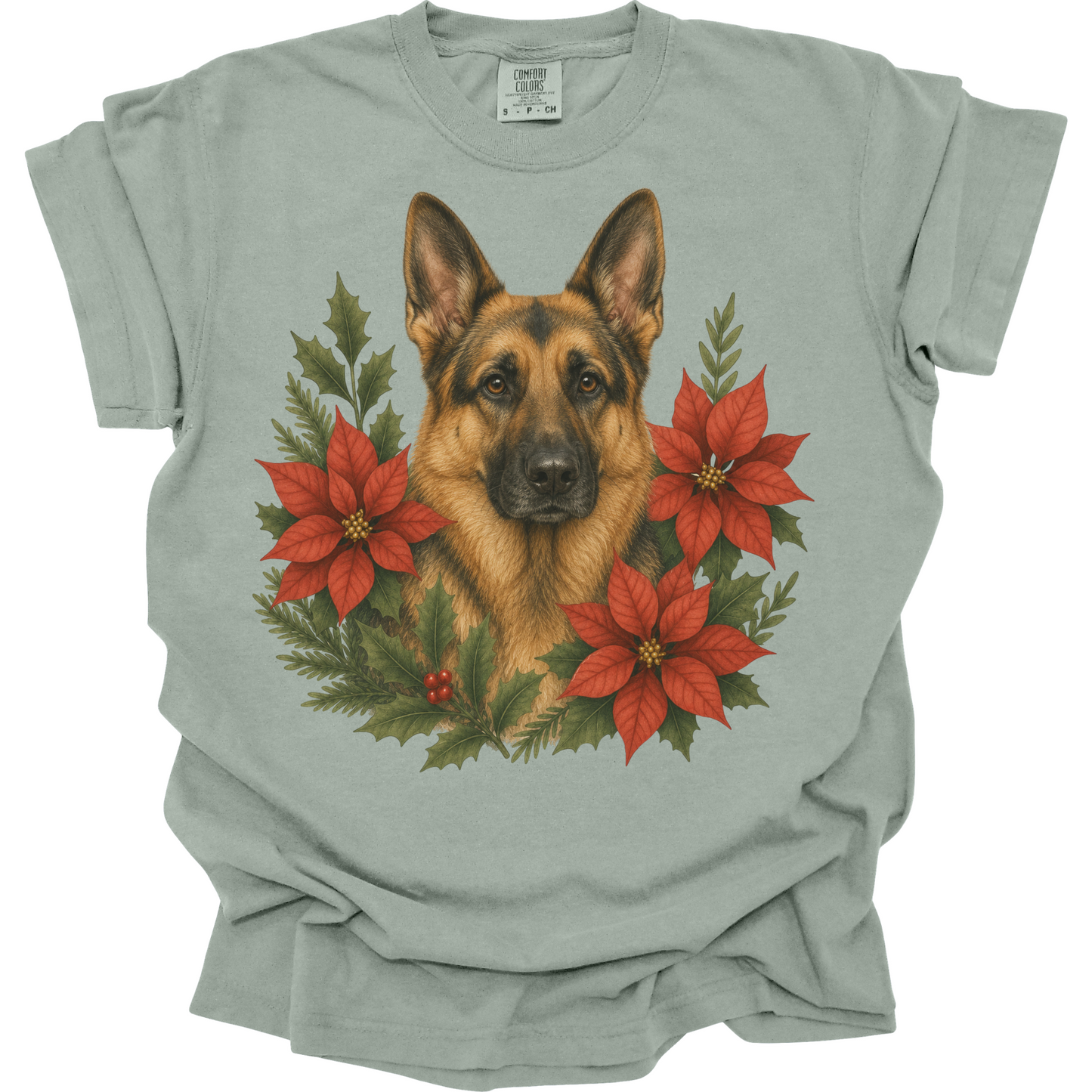 German Shepherd Christmas Shirt, Poinsettia Dog Mom Holiday Tee