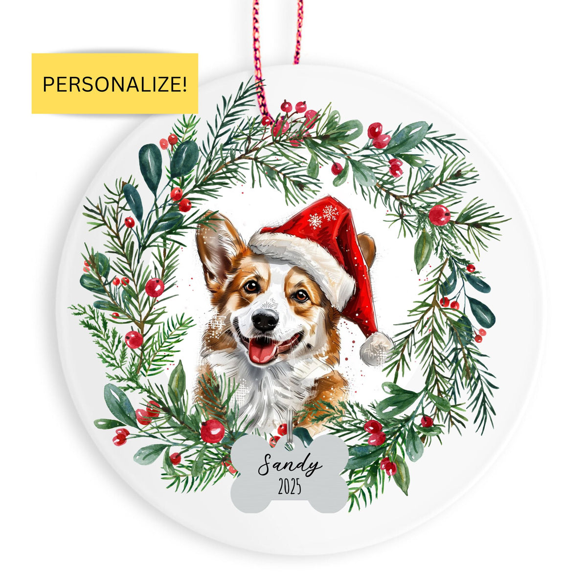 Personalized Corgi Wreath Ornament