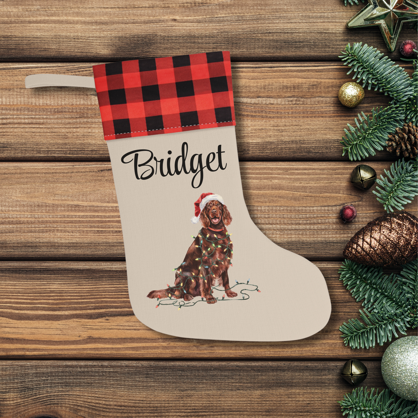 Personalized Irish Setter Christmas Stocking, Holiday Decor Gift for Pet Lovers