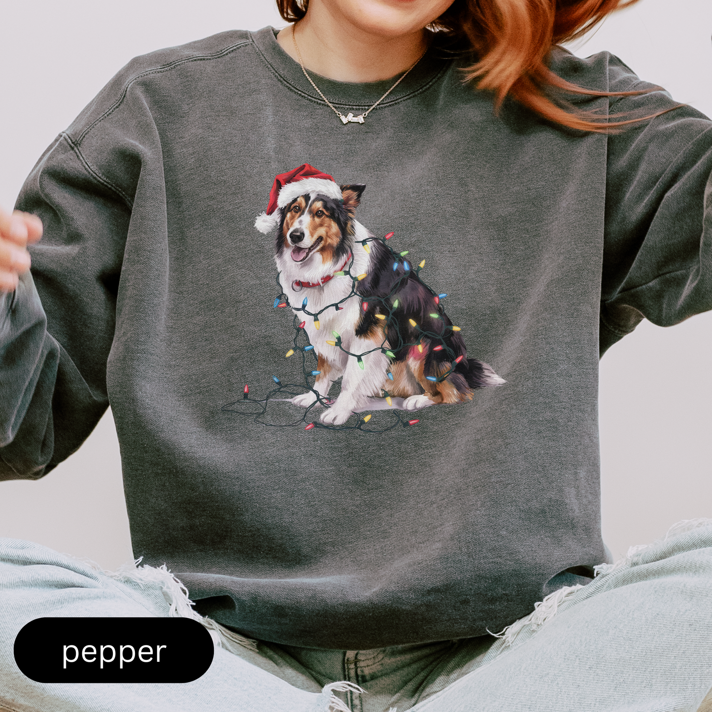 Christmas Collie Sweatshirt, Christmas Lights Dog Sweatshirt, Christmas Dog, Collie Mom Sweatshirt, Gift for Dog Lover, Collie