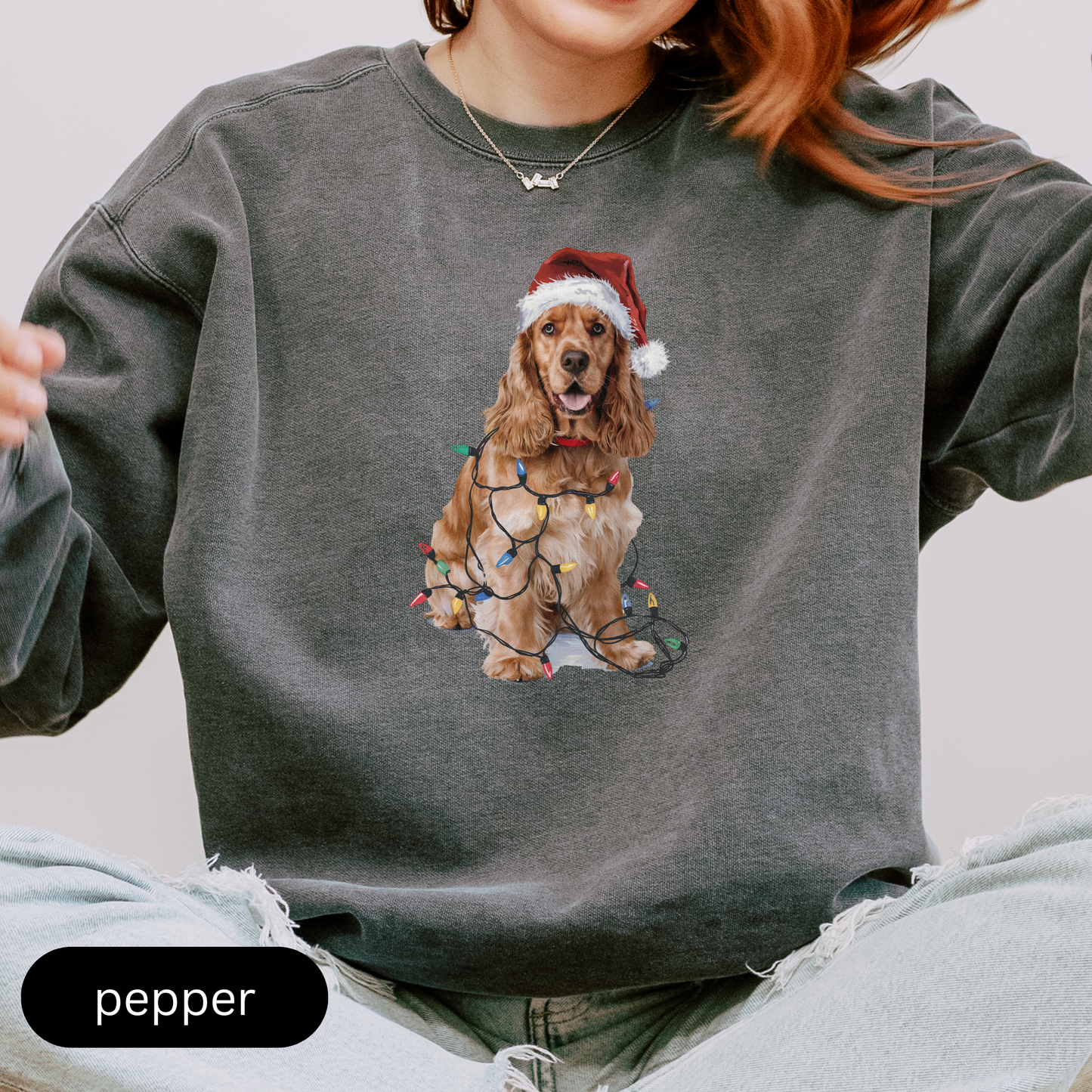 Christmas Cocker Spaniel Sweatshirt, Christmas Lights Dog Sweatshirt, Christmas Dog, Cocker Spaniel Mom, Gift for Dog Lover, Cocker Spaniel