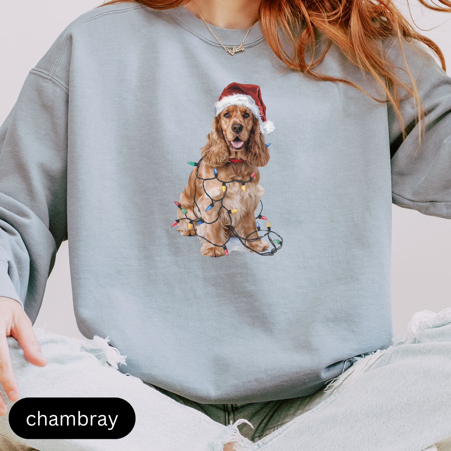 Christmas Cocker Spaniel Sweatshirt, Christmas Lights Dog Sweatshirt, Christmas Dog, Cocker Spaniel Mom, Gift for Dog Lover, Cocker Spaniel