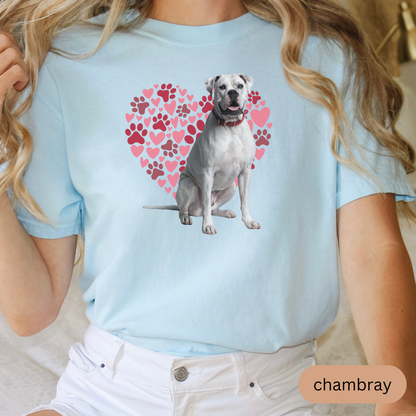 Heart Paw Print White Boxer Comfort Colors T-shirt, Unisex Tee, Dog Lover Shirt, Cute Animal Graphic Tee, Pet Owner Gift