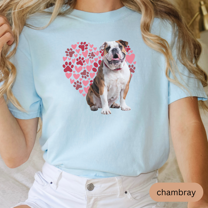 Heart Paw Print Bulldog Comfort Colors T-shirt, Unisex Tee, Dog Lover Shirt, Cute Animal Graphic Tee, Pet Owner Gift