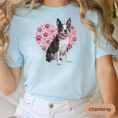 Heart Paw Print Boston Terrier Comfort Colors T-shirt, Unisex Tee, Dog Lover Shirt, Cute Animal Graphic Tee, Pet Owner Gift