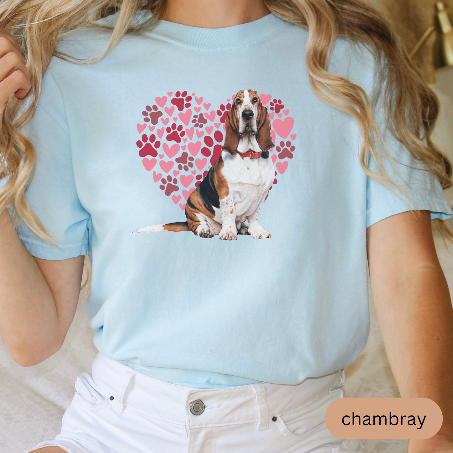 Heart Paw Print Basset Hound Comfort Colors T-shirt, Unisex Tee, Dog Lover Shirt, Cute Animal Graphic Tee, Pet Owner Gift