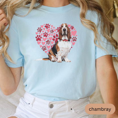 Heart Paw Print Basset Hound Comfort Colors T-shirt, Unisex Tee, Dog Lover Shirt, Cute Animal Graphic Tee, Pet Owner Gift