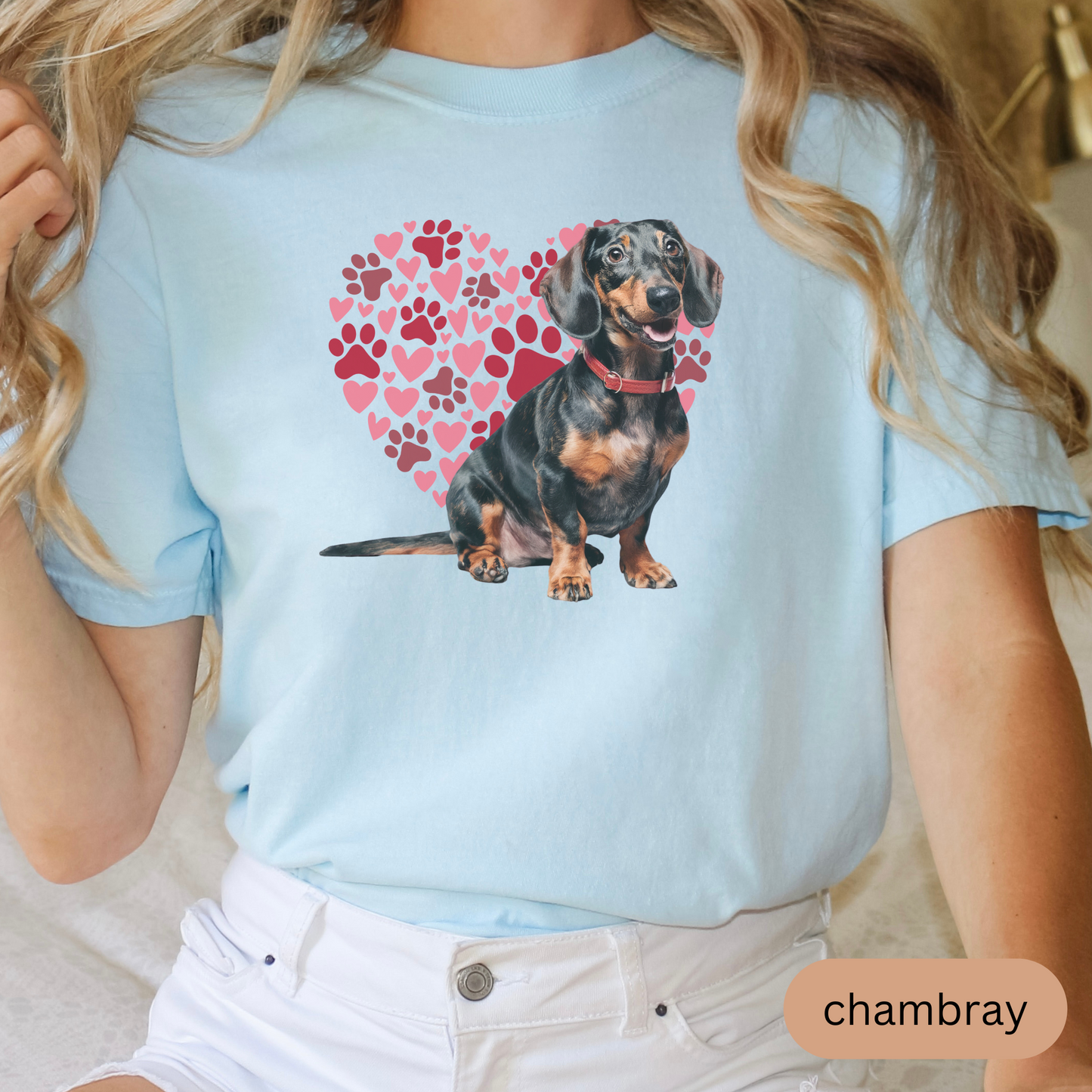 Heart Paw Print Dachshund Comfort Colors T-shirt, Unisex Tee, Dog Lover Shirt, Cute Animal Graphic Tee, Pet Owner Gift