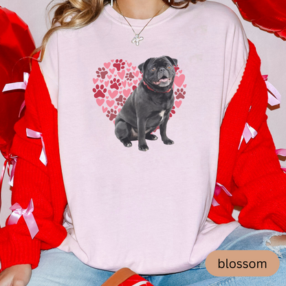 Heart Paw Print Black Pug Comfort Colors T-shirt, Unisex Tee, Dog Lover Shirt, Cute Animal Graphic Tee, Pet Owner Gift