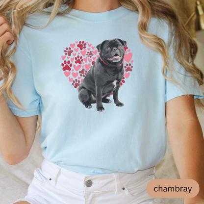 Heart Paw Print Black Pug Comfort Colors T-shirt, Unisex Tee, Dog Lover Shirt, Cute Animal Graphic Tee, Pet Owner Gift