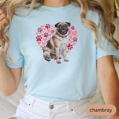 Heart Paw Print Tan Pug Comfort Colors T-shirt, Unisex Tee, Dog Lover Shirt, Cute Animal Graphic Tee, Pet Owner Gift