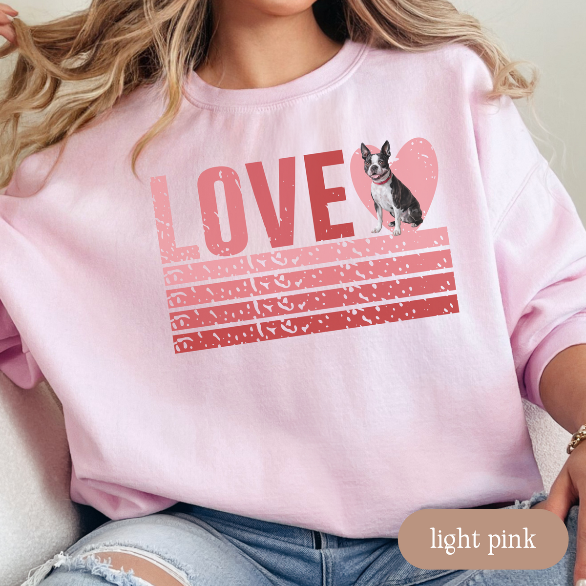 Boston Terrier Retro Love Sweatshirt, Crewneck Sweatshirt, Vintage Stripe Design, Gift for Dog Lovers, Cozy Unisex Pullover, Winter Fashion