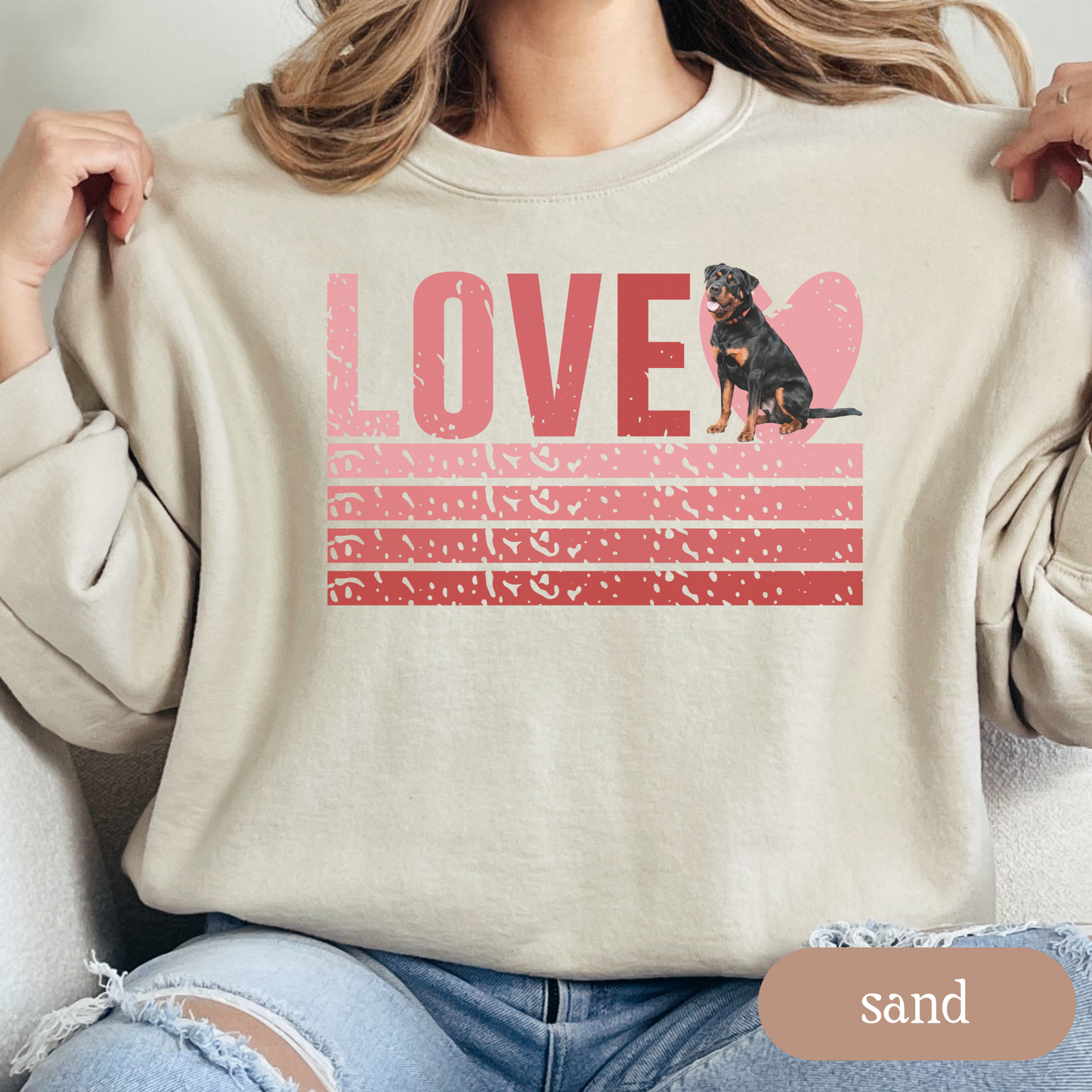 Rottweiler Retro Love Sweatshirt, Crewneck Sweatshirt, Vintage Stripe Design, Gift for Dog Lovers, Cozy Unisex Pullover, Winter Fashion