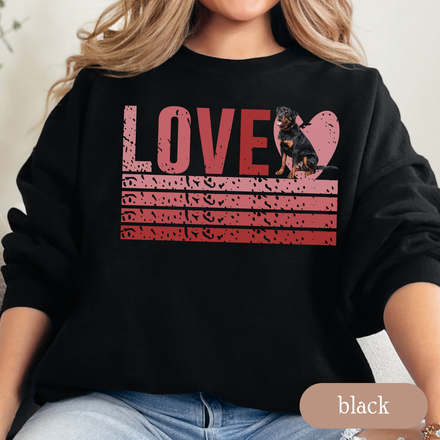 Rottweiler Retro Love Sweatshirt, Crewneck Sweatshirt, Vintage Stripe Design, Gift for Dog Lovers, Cozy Unisex Pullover, Winter Fashion