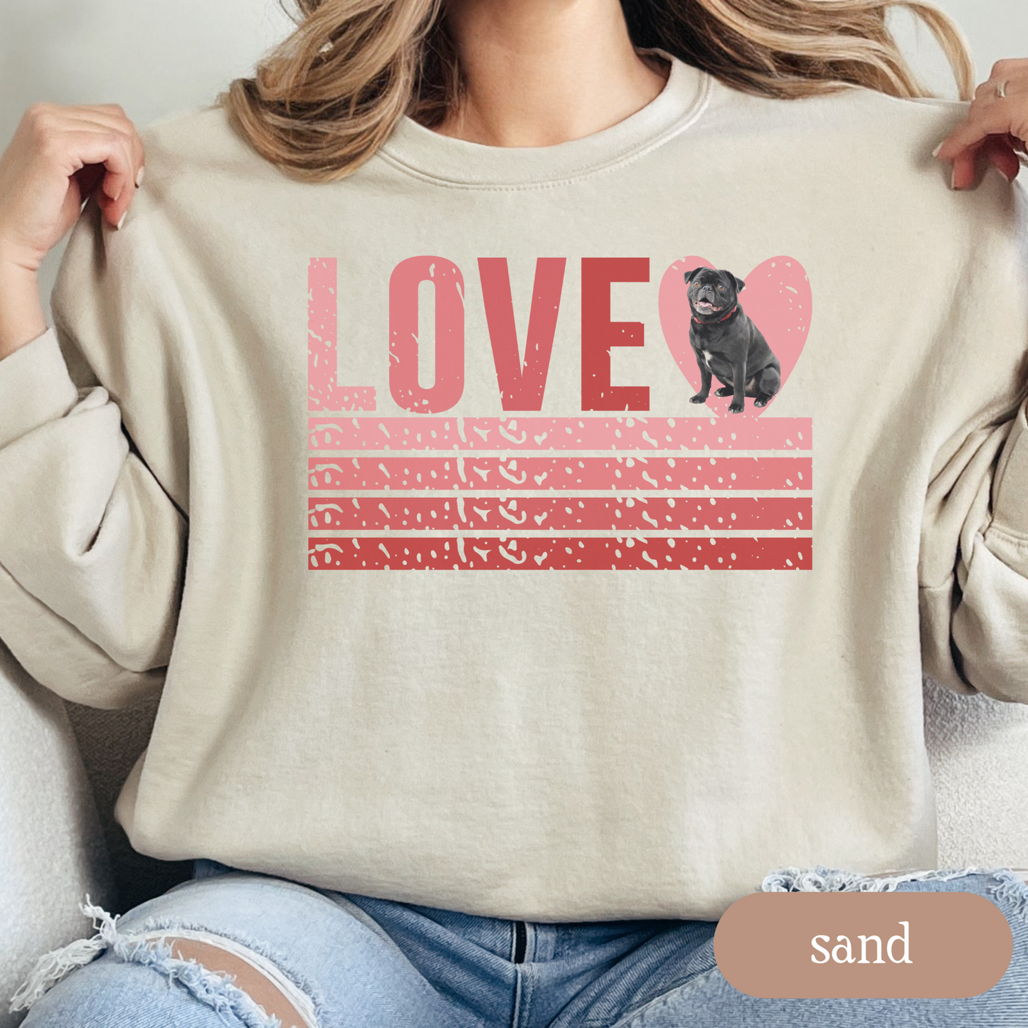 Pug Retro Love Sweatshirt, Crewneck Sweatshirt, Vintage Stripe Design, Gift for Dog Lovers, Cozy Unisex Pullover, Winter Fashion