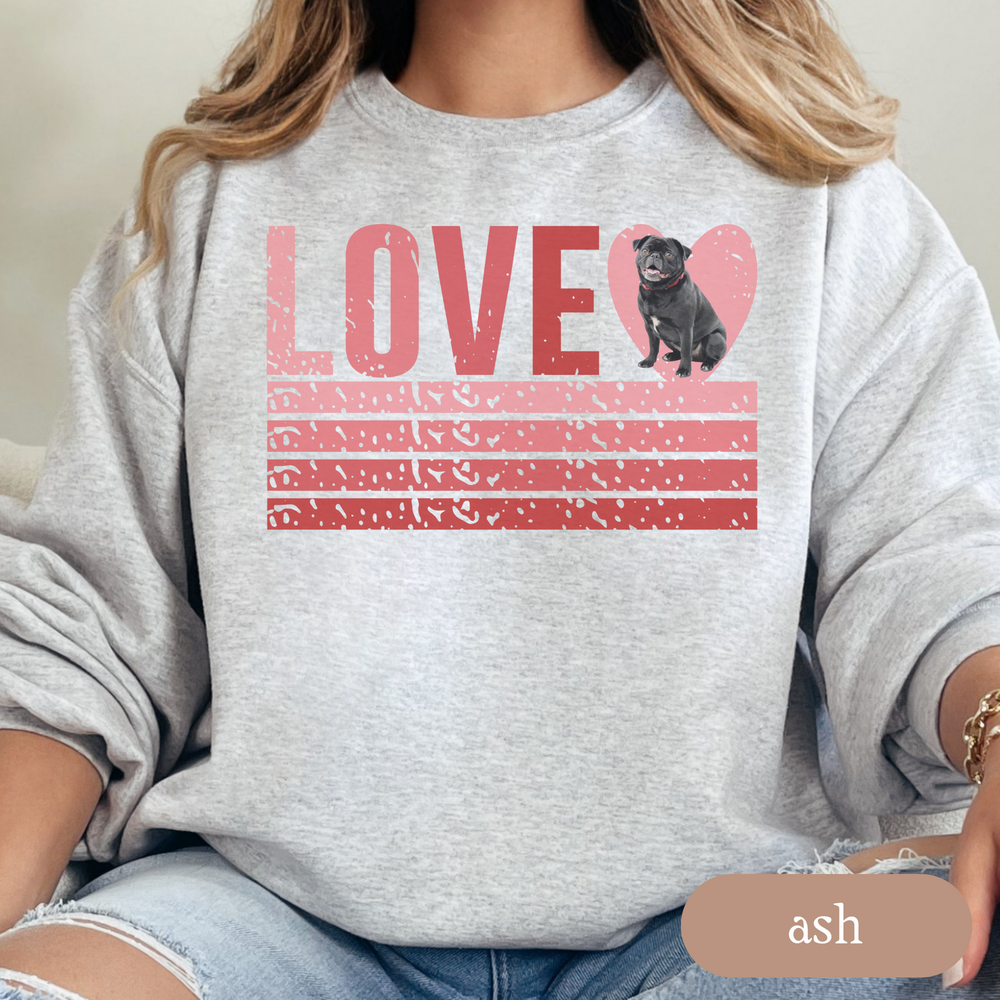 Pug Retro Love Sweatshirt, Crewneck Sweatshirt, Vintage Stripe Design, Gift for Dog Lovers, Cozy Unisex Pullover, Winter Fashion