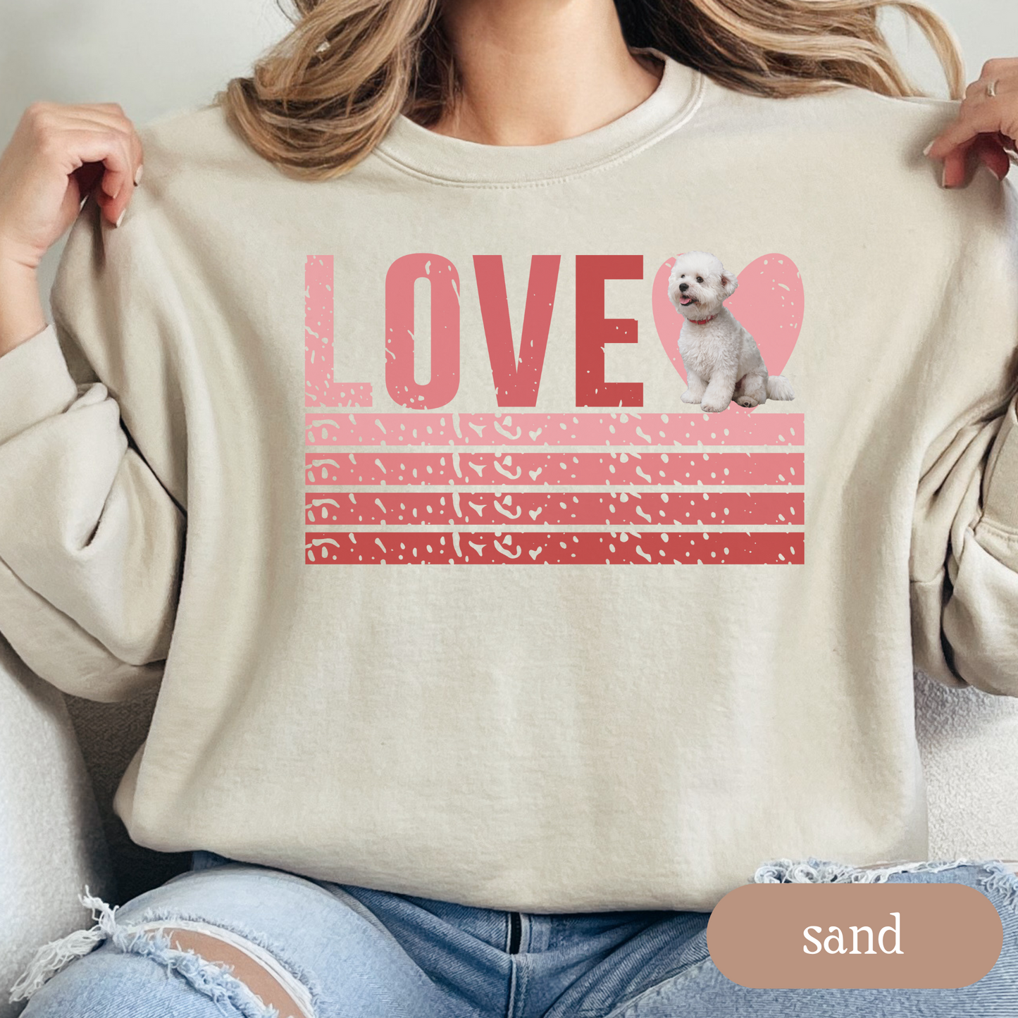 Bichon Frise Retro Love Sweatshirt, Crewneck Sweatshirt, Vintage Stripe Design, Gift for Dog Lovers, Cozy Unisex Pullover, Winter Fashion