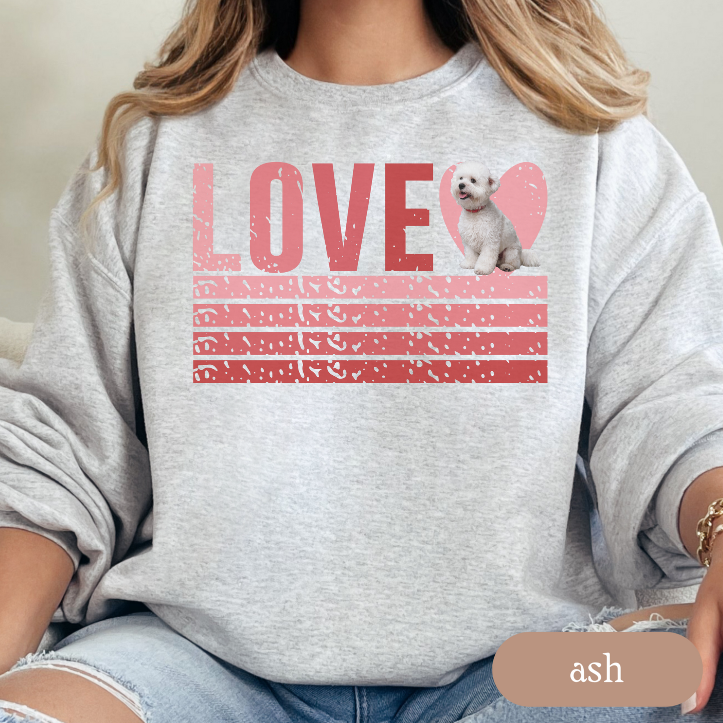 Bichon Frise Retro Love Sweatshirt, Crewneck Sweatshirt, Vintage Stripe Design, Gift for Dog Lovers, Cozy Unisex Pullover, Winter Fashion