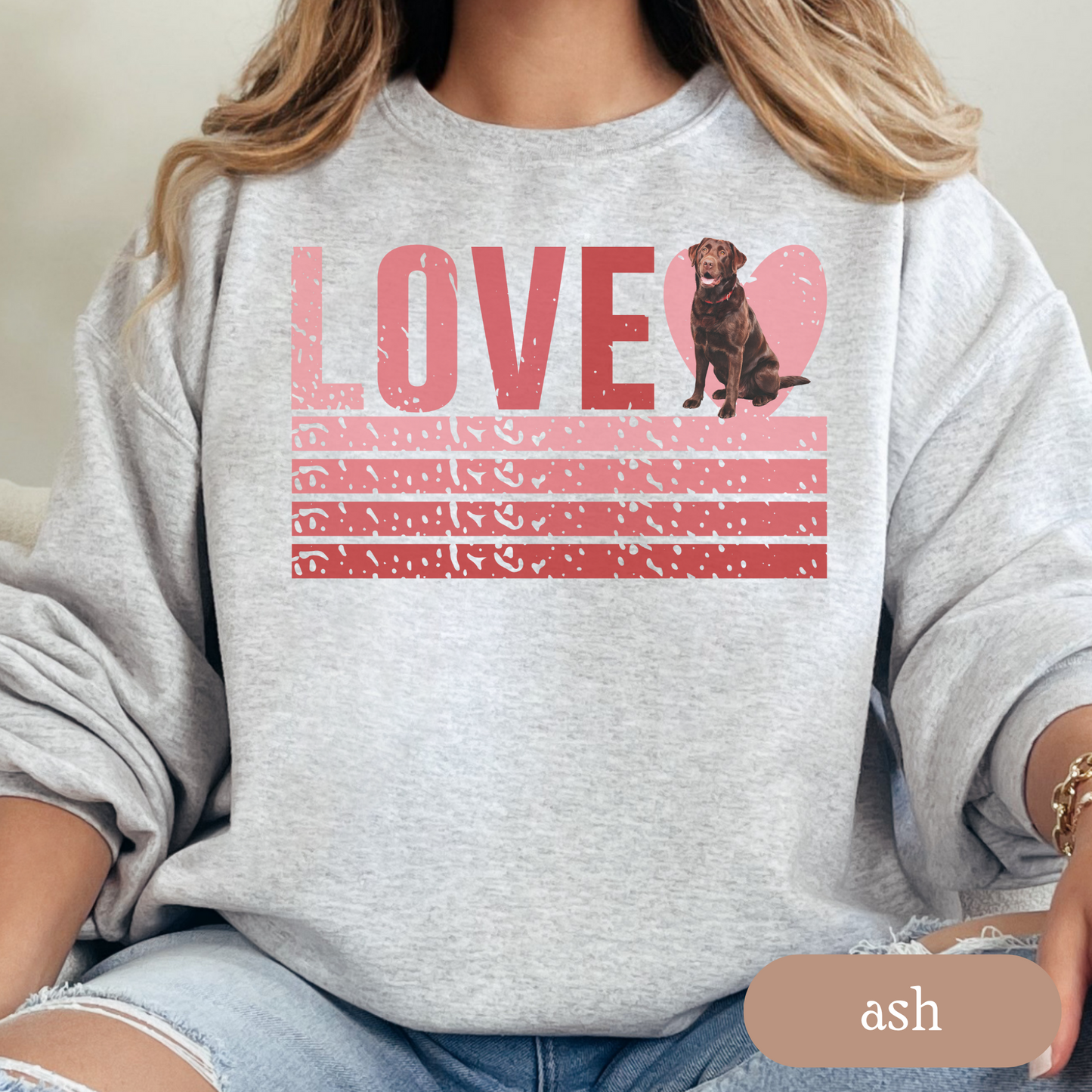 Chocolate Lab Retro Love Sweatshirt, Crewneck Sweatshirt, Vintage Stripe Design, Gift for Dog Lovers, Cozy Unisex Pullover, Winter Fashion