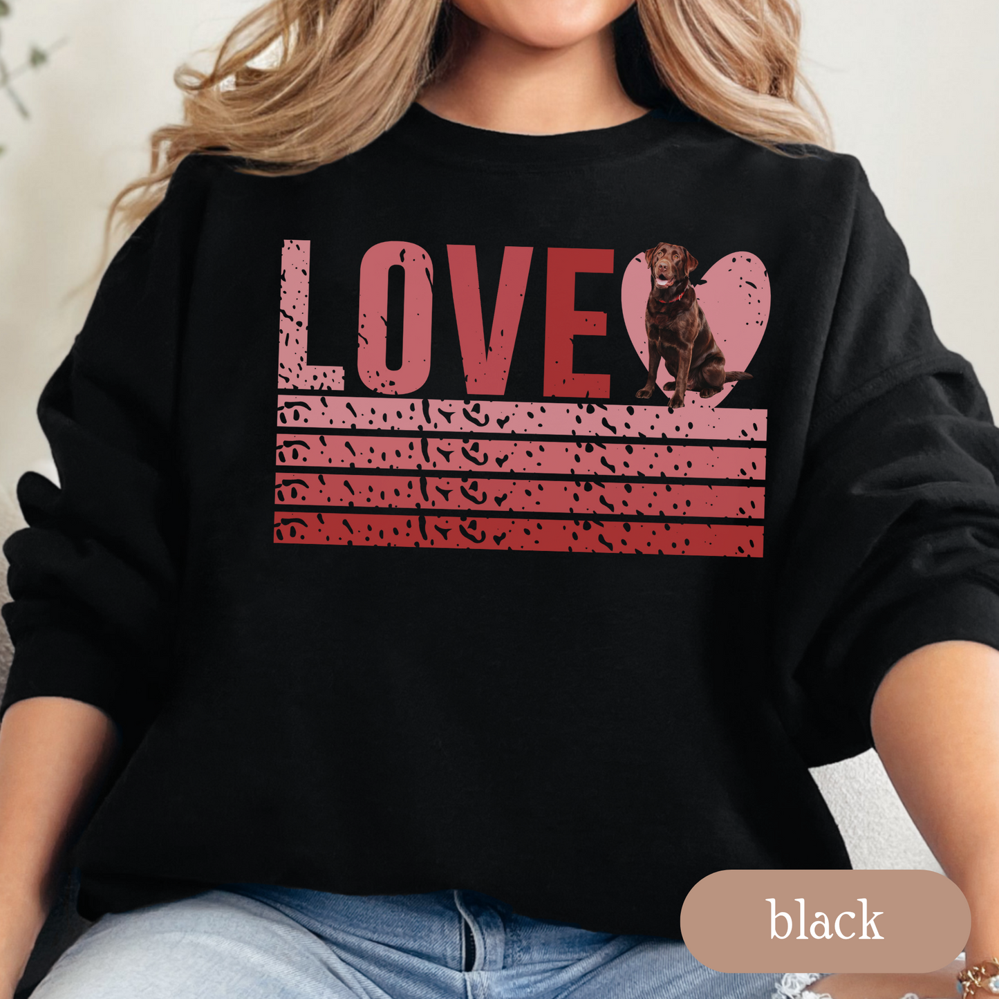 Chocolate Lab Retro Love Sweatshirt, Crewneck Sweatshirt, Vintage Stripe Design, Gift for Dog Lovers, Cozy Unisex Pullover, Winter Fashion
