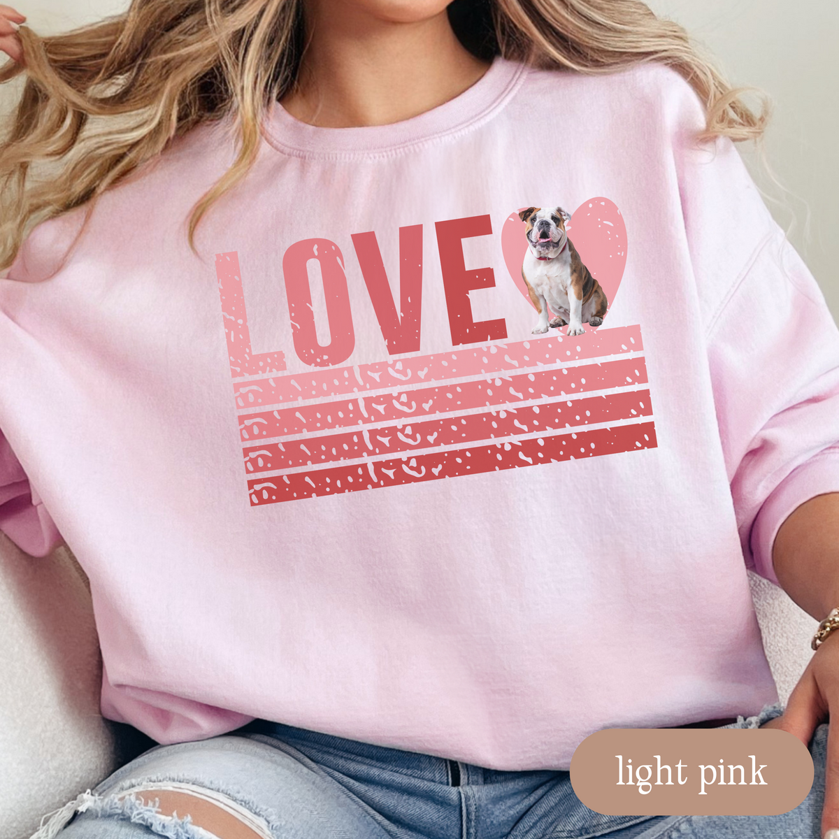 Bulldog Retro Love Sweatshirt, Crewneck Sweatshirt, Vintage Stripe Design, Gift for Dog Lovers, Cozy Unisex Pullover, Winter Fashion