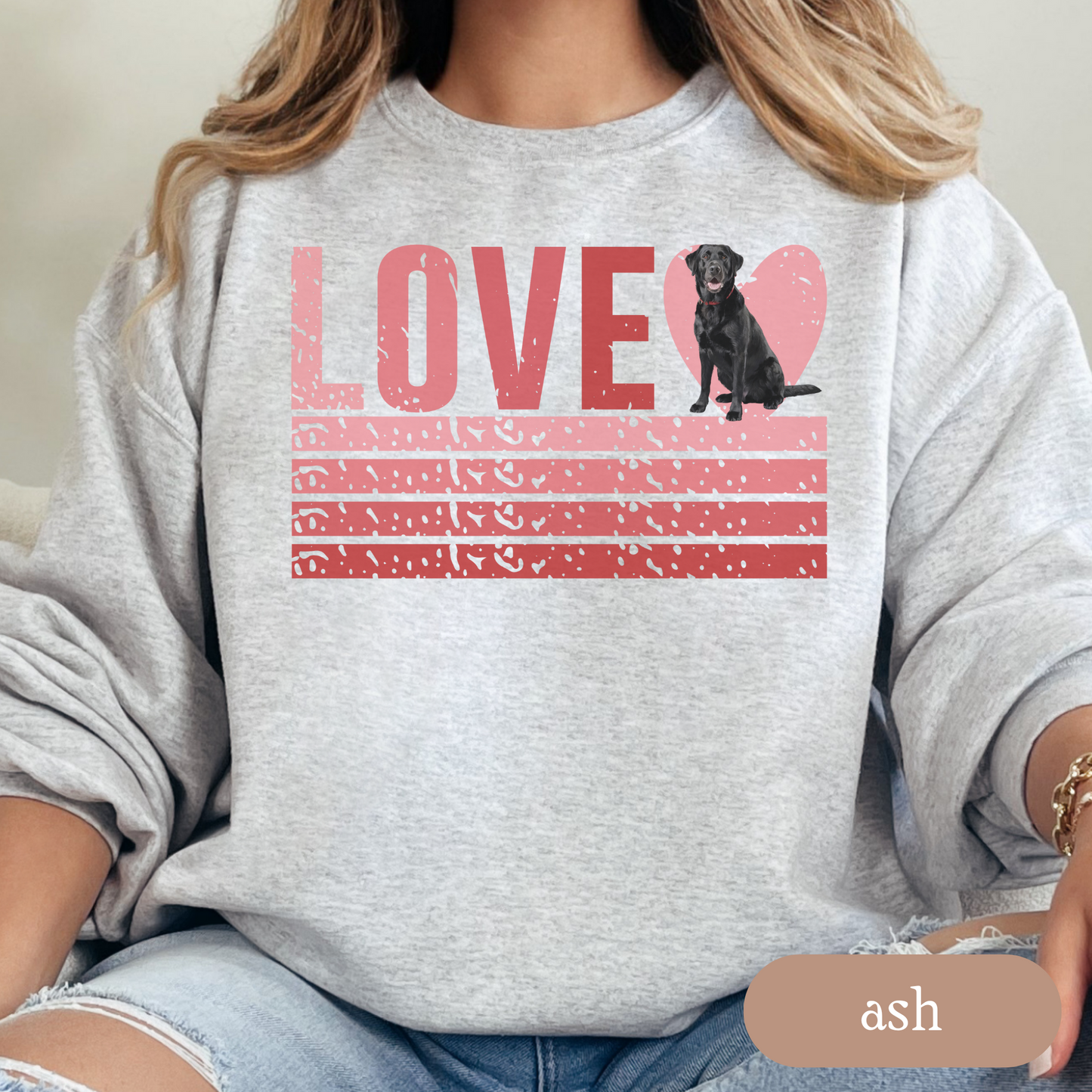 Black Lab Retro Love Sweatshirt, Crewneck Sweatshirt, Vintage Stripe Design, Gift for Dog Lovers, Cozy Unisex Pullover, Winter Fashion