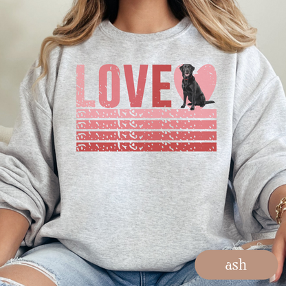 Black Lab Retro Love Sweatshirt, Crewneck Sweatshirt, Vintage Stripe Design, Gift for Dog Lovers, Cozy Unisex Pullover, Winter Fashion