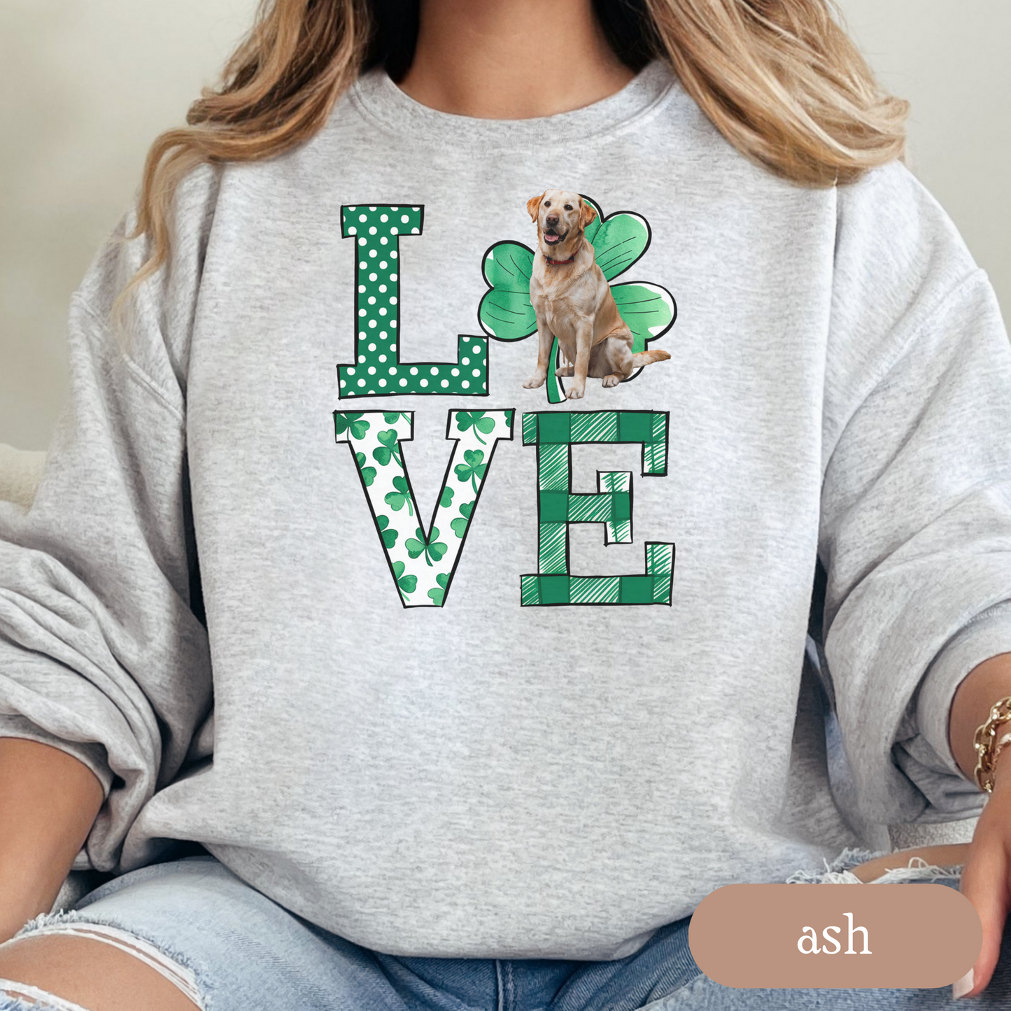 Yellow Lab Love Shamrock Sweatshirt, St Patricks Day Crewneck Sweatshirt, Irish Gift, Yellow Lab Lover Apparel, Green Clover Top