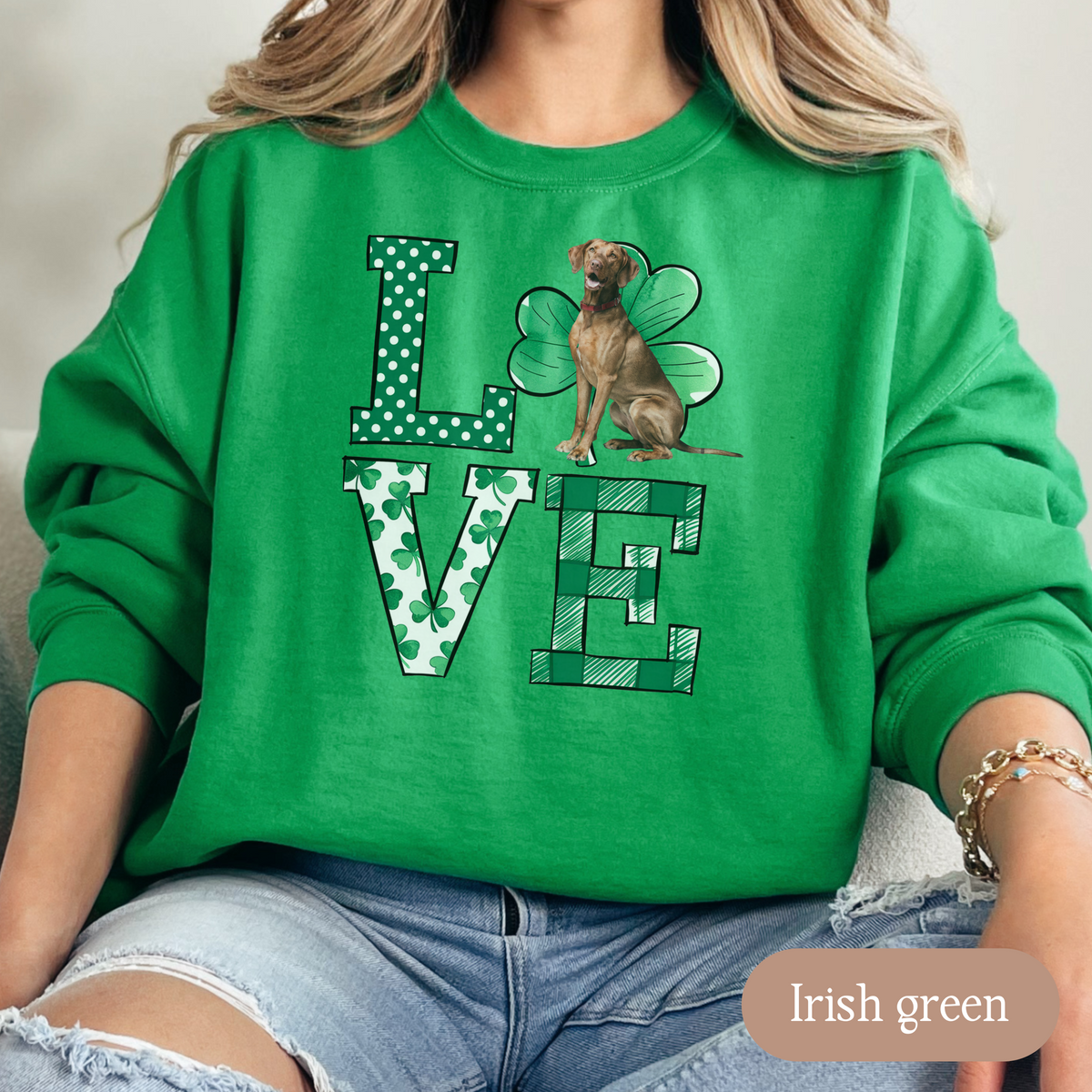 Vizsla Love Shamrock Sweatshirt, St Patricks Day Crewneck Sweatshirt, Irish Gift, Vizsla Lover Apparel, Green Clover Top