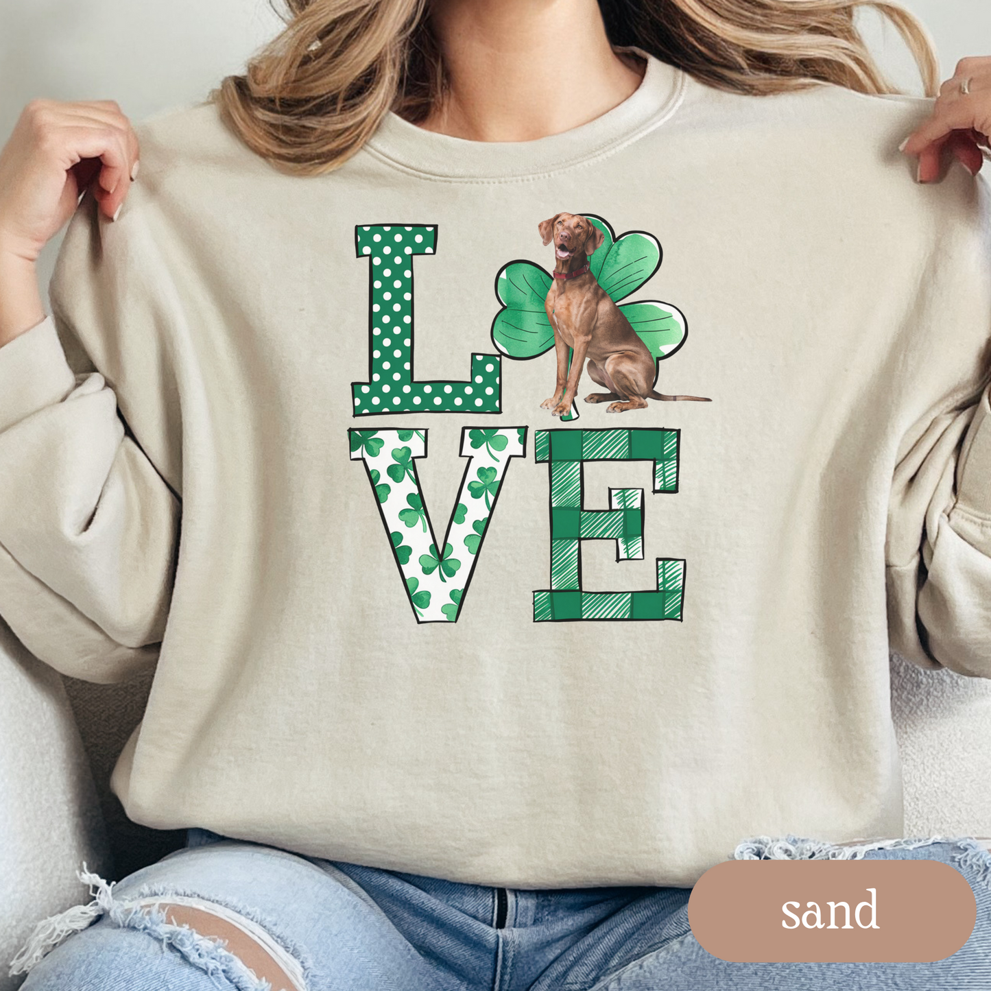 Vizsla Love Shamrock Sweatshirt, St Patricks Day Crewneck Sweatshirt, Irish Gift, Vizsla Lover Apparel, Green Clover Top