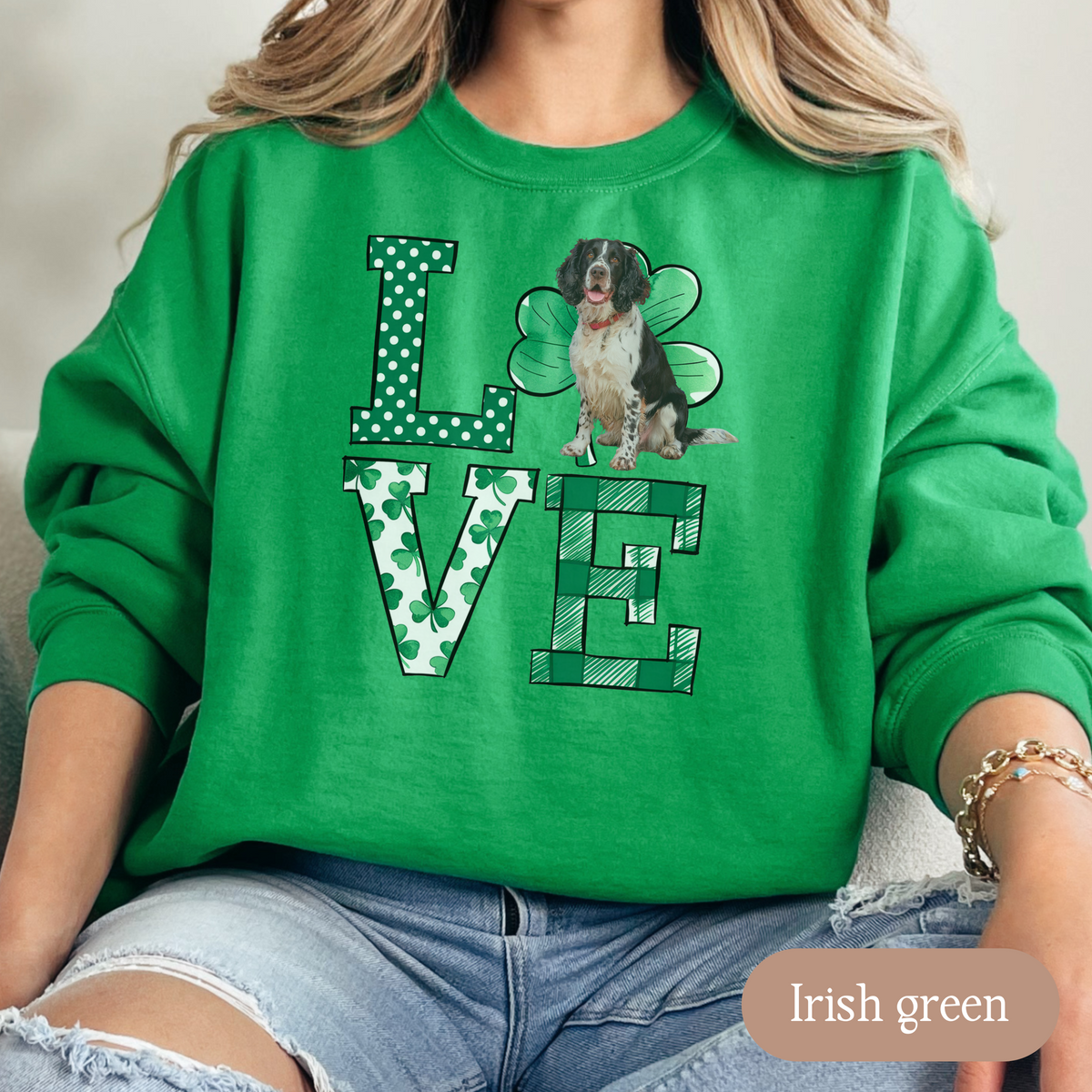 Springer Spaniel Love Shamrock Sweatshirt, St Patricks Day Crewneck Sweatshirt, Irish Gift, Springer Spaniel Lover Apparel, Green Clover Top