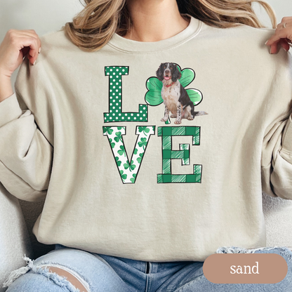 Springer Spaniel Love Shamrock Sweatshirt, St Patricks Day Crewneck Sweatshirt, Irish Gift, Springer Spaniel Lover Apparel, Green Clover Top