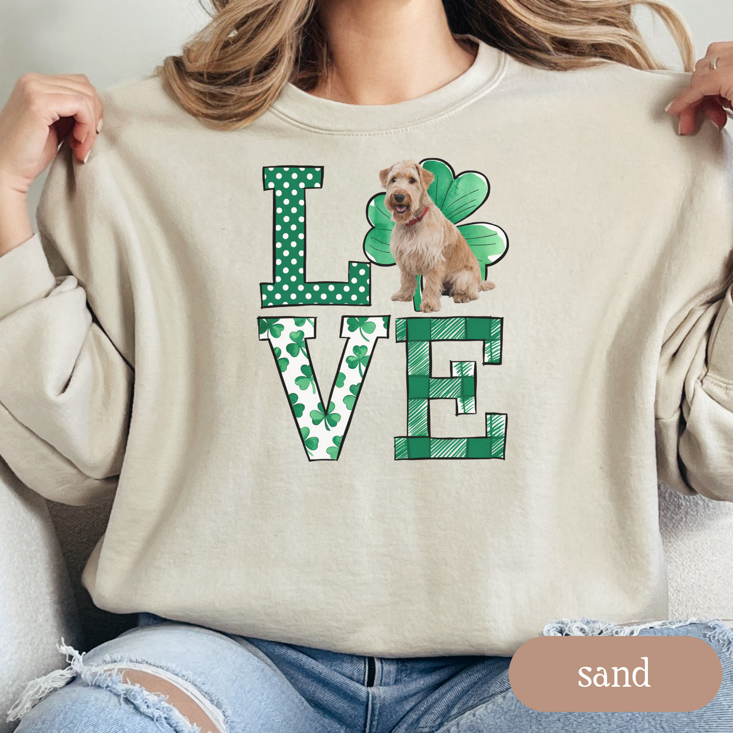 Soft Coated Wheaten Terrier Love Shamrock Sweatshirt, St Patricks Day Sweatshirt, Irish Gift, Terrier Lover Apparel, Green Clover Top