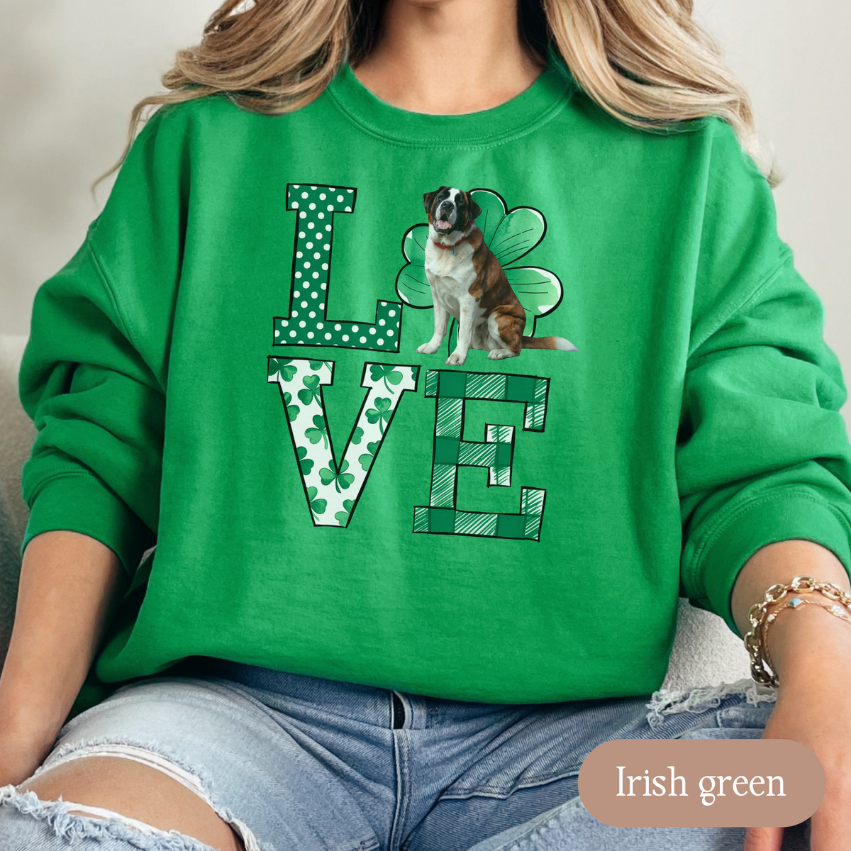 Saint Bernard Love Shamrock Sweatshirt, St Patricks Day Crewneck Sweatshirt, Irish Gift, Saint Bernard Lover Apparel, Green Clover Top