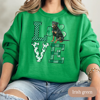 Load image into Gallery viewer, Rottweiler Love Shamrock Sweatshirt, St Patricks Day Crewneck Sweatshirt, Irish Gift, Rottweiler Lover Apparel, Green Clover Top

