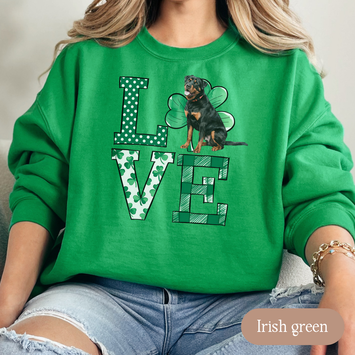 Rottweiler Love Shamrock Sweatshirt, St Patricks Day Crewneck Sweatshirt, Irish Gift, Rottweiler Lover Apparel, Green Clover Top