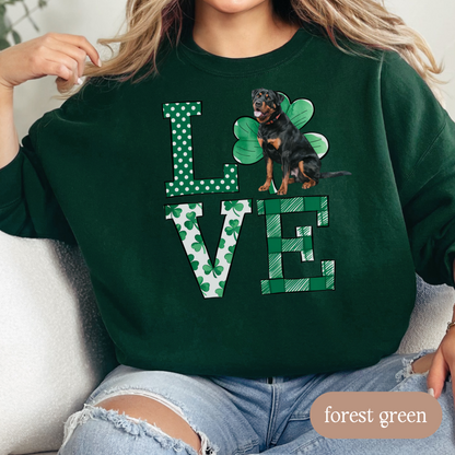 Rottweiler Love Shamrock Sweatshirt, St Patricks Day Crewneck Sweatshirt, Irish Gift, Rottweiler Lover Apparel, Green Clover Top