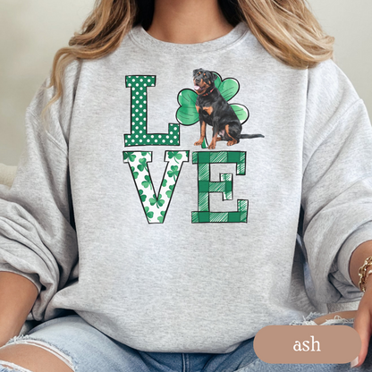 Rottweiler Love Shamrock Sweatshirt, St Patricks Day Crewneck Sweatshirt, Irish Gift, Rottweiler Lover Apparel, Green Clover Top