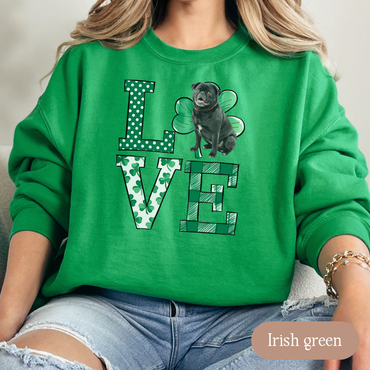 Pug Love Shamrock Sweatshirt, St Patricks Day Crewneck Sweatshirt, Irish Gift, Pug Lover Apparel, Green Clover Top