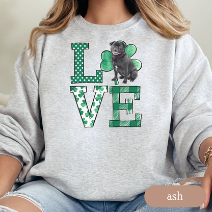 Pug Love Shamrock Sweatshirt, St Patricks Day Crewneck Sweatshirt, Irish Gift, Pug Lover Apparel, Green Clover Top