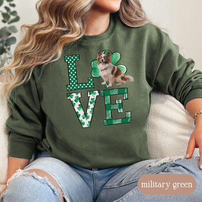 Papillon Love Shamrock Sweatshirt, St Patricks Day Crewneck Sweatshirt, Irish Gift, Papillon Lover Apparel, Green Clover Top